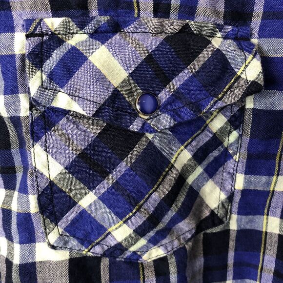 Guess Men's Western Slim Fit Blue Plaid Linen Blend Pearl Snap Shirt Size Large - Picture 2 of 6